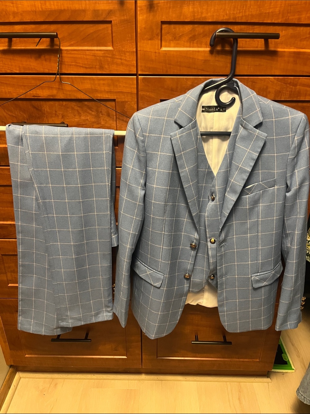 Light Blue Windowpane Three-Piece Suit - boys